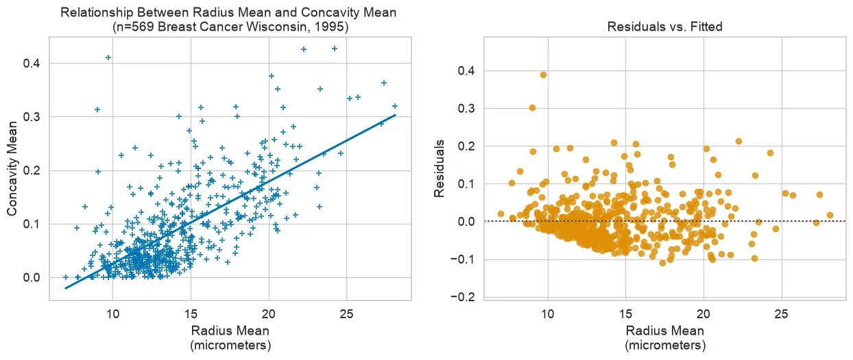 Two panels. Left: scatter plot of mean concavity against mean radius in micrometers for the 569 tumors, with an upward-sloping fitted regression line. Right: the residuals plotted against mean radius, with most points in a dense band just below zero and a scattering of points far above it.